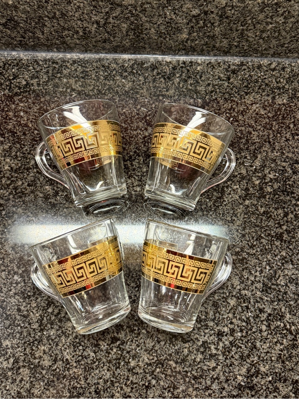 Gold Trim Glass Coffee Mugs with Greek Key Pattern - Set of 4